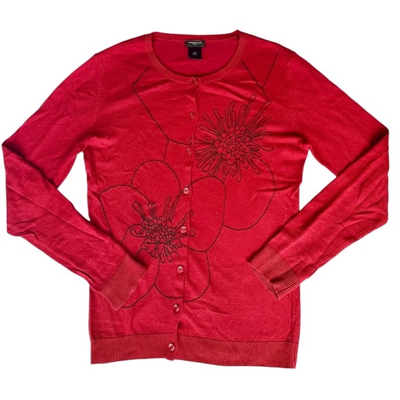 Anne Taylor Red Floral Embroidered Women's Button Up Cardigan Sweater - Picture 1 of 1